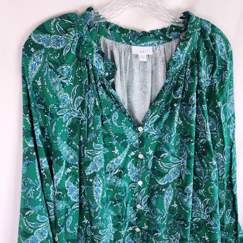 J Jill Womens 3X Green Blue Floral Paisley Button Up Long Sleeve Blouse  Viscose